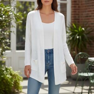 Kasper Ivory Open Front Long Sleeve Textured Cardigan